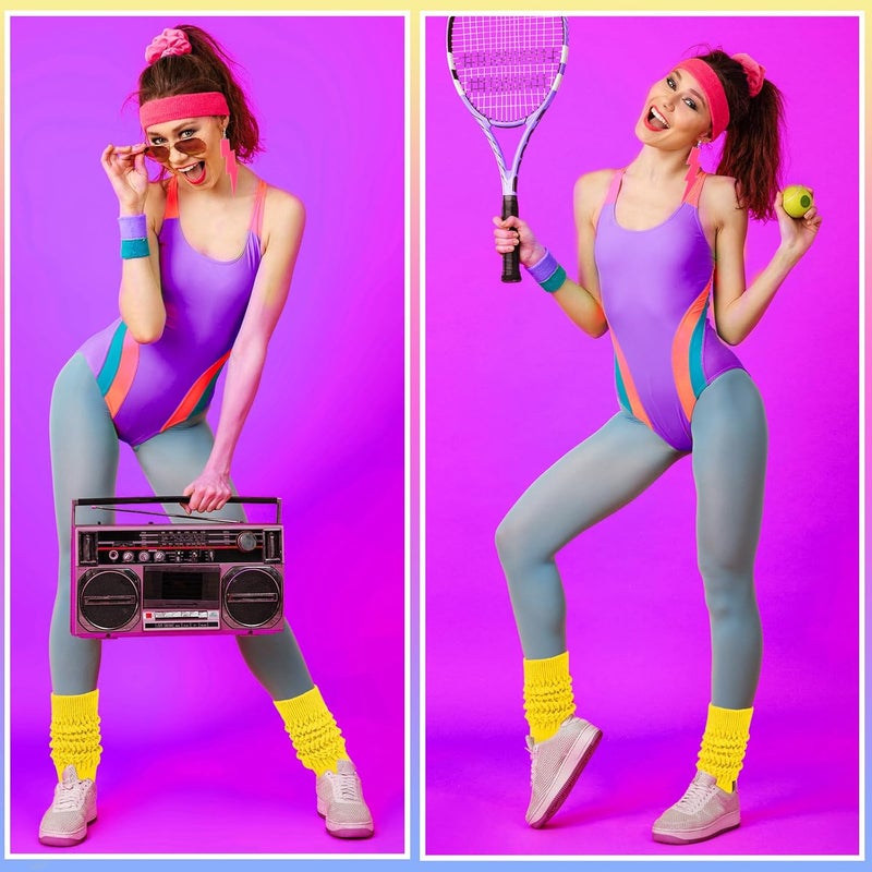 TRIITECH Store Neon Slouch Socks for Women, 80s 90s Scrunch Knee High Socks with Neon Earrings and Scrunchies for 80s 90s Party - Image 4